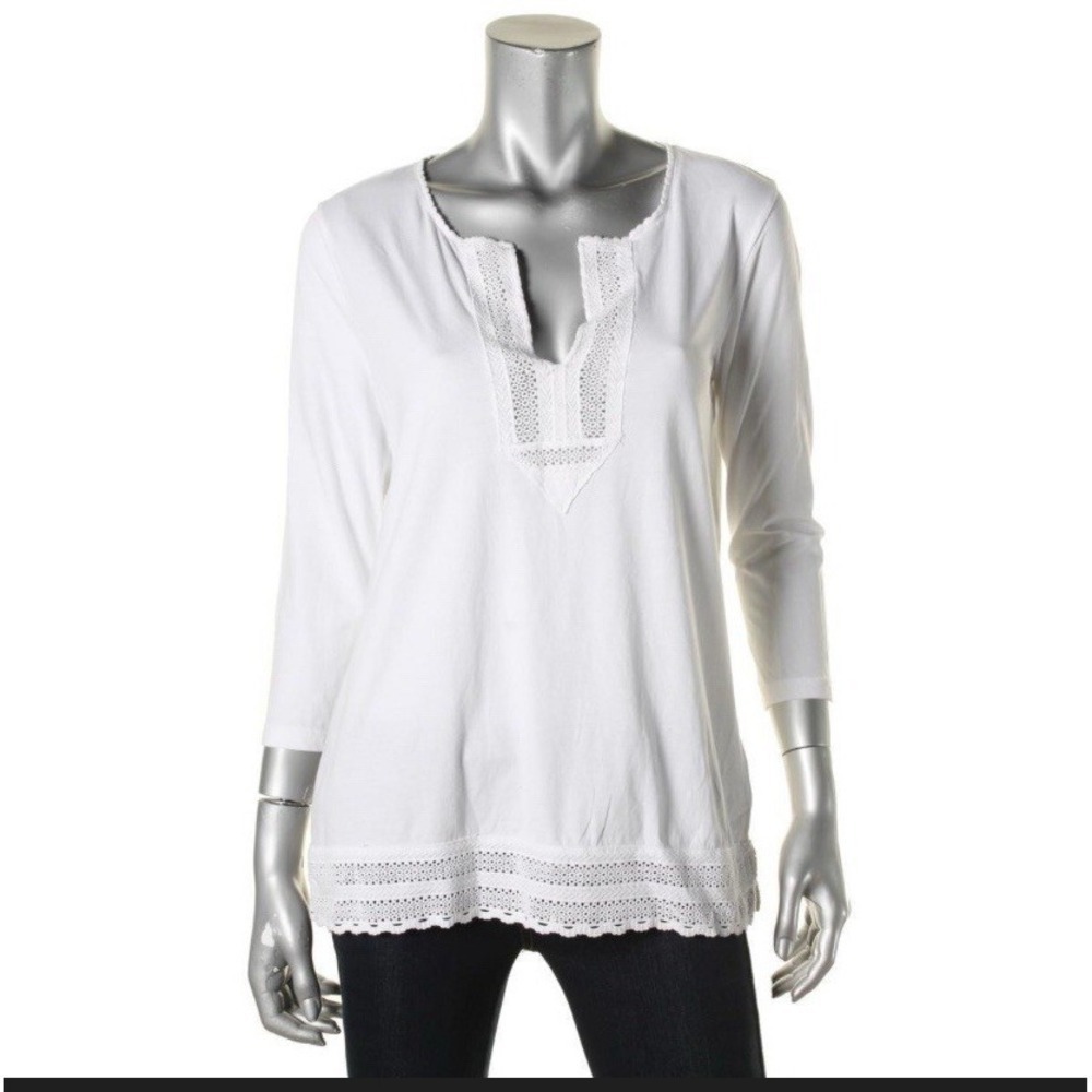 LAUREN RALPH Lauren Women's Lace Trimmed White Tunic Top Shirt Size L Cotton